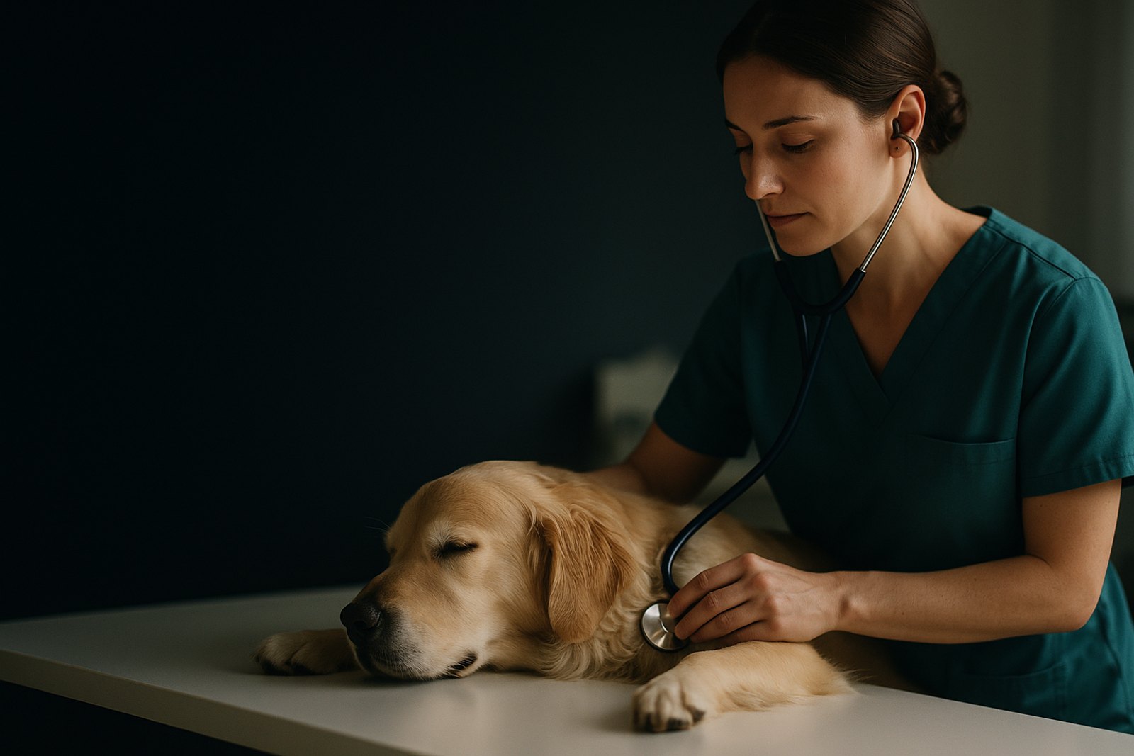Veterinarian caring for a dog in a cardiology exam