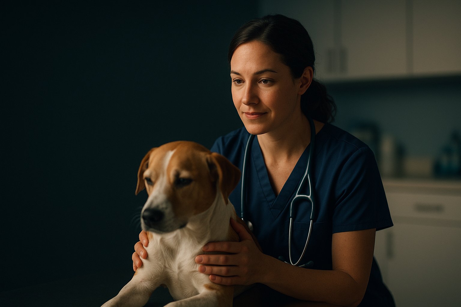 Veterinarian holding a dog, ready to help